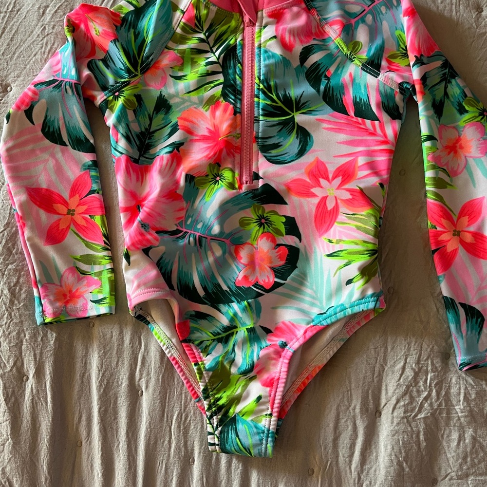 Wonder Nation Pink and Green Floral Kids Swim Rashguard